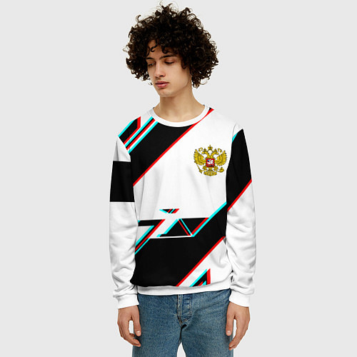 Мужской свитшот Россия спортивная геометрия глитч / 3D-Белый – фото 3