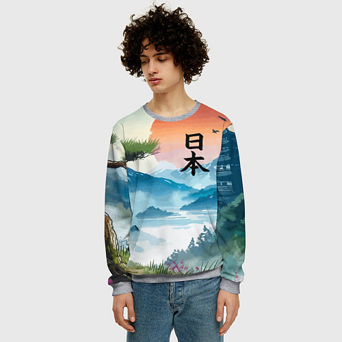 Мужской свитшот Восход красного солнца - Японский пейзаж / 3D-Меланж – фото 3