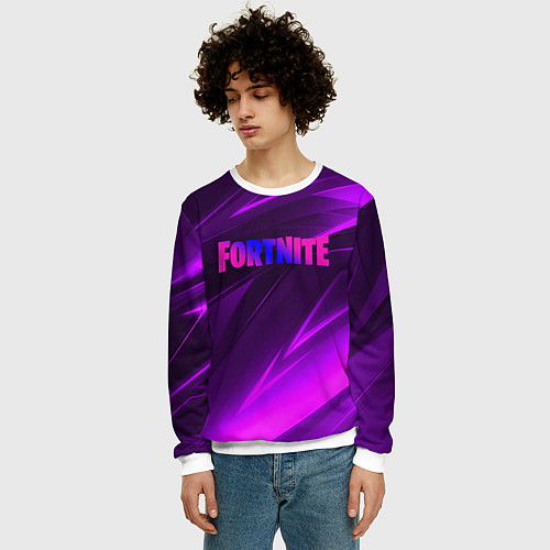 Мужской свитшот Fortnite neon stripes angles logo / 3D-Белый – фото 3