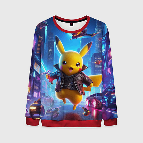 Мужской свитшот Кибер Пикачу в неоновом городе - нейросеть / 3D-Красный – фото 1