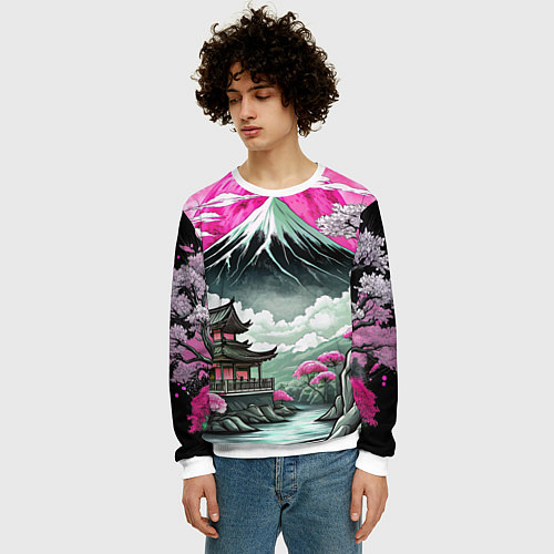 Мужской свитшот Японский вулкан и деревья / 3D-Белый – фото 3