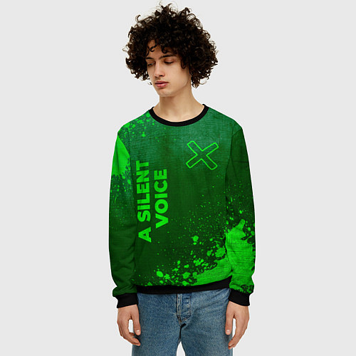 Мужской свитшот A Silent Voice - green gradient вертикально / 3D-Черный – фото 3