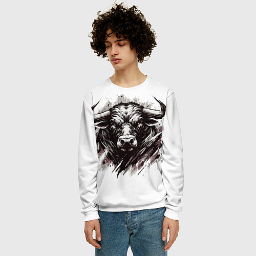 Мужской свитшот Гранж - портрет быка: голова / 3D-Белый – фото 3