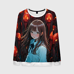 Свитшот мужской Аниме девушка окружённая красными монстрами, цвет: 3D-белый