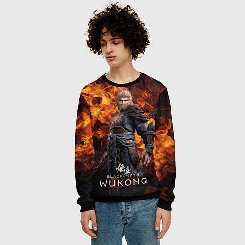 Мужской свитшот Король обезьян Black Myth Wukong fire / 3D-Черный – фото 3