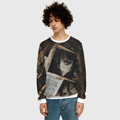 Мужской свитшот Иллюстрация из манги на газетах / 3D-Белый – фото 3