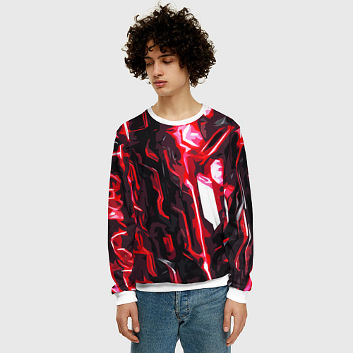 Мужской свитшот Красно-чёрная киберпанк абстракция / 3D-Белый – фото 3