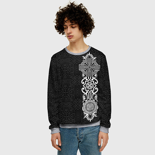 Мужской свитшот Славянский вертикальный орнамент в узоре / 3D-Меланж – фото 3