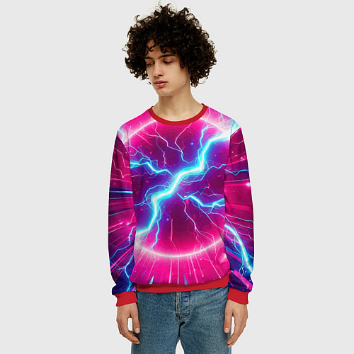 Мужской свитшот Неоновая абстракция - нейроарт / 3D-Красный – фото 3