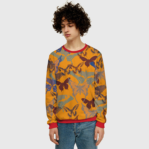 Мужской свитшот Бабочки на оранжевом - паттерн / 3D-Красный – фото 3