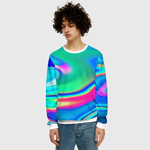 Мужской свитшот Неоновые голографические краски - светло-голубоват / 3D-Белый – фото 3