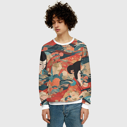 Мужской свитшот Японский орнамент с девушкой / 3D-Белый – фото 3