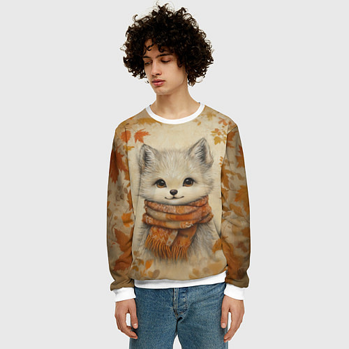 Мужской свитшот Волчонок в шарфе / 3D-Белый – фото 3