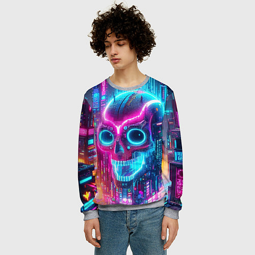 Мужской свитшот Neon skull in metropolis - future / 3D-Меланж – фото 3