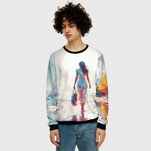 Мужской свитшот Девушка на фантастическом пляже / 3D-Черный – фото 3