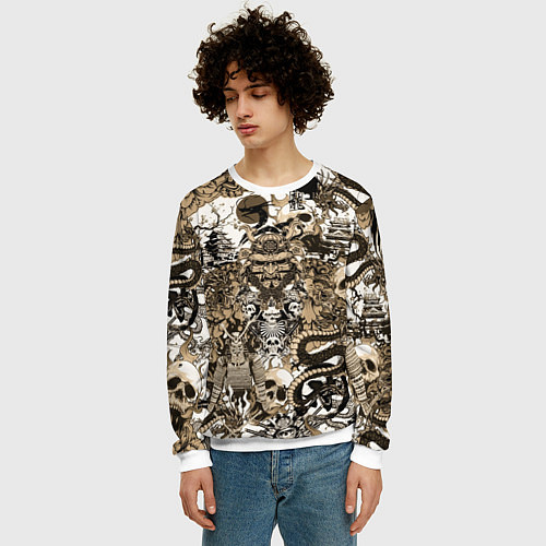 Мужской свитшот Дракон и самураи в японском стиле / 3D-Белый – фото 3