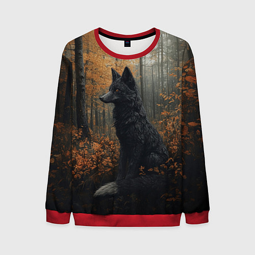 Мужской свитшот Черный лис в осеннем лесу / 3D-Красный – фото 1