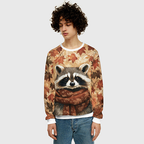 Мужской свитшот Енот в шарфе / 3D-Белый – фото 3