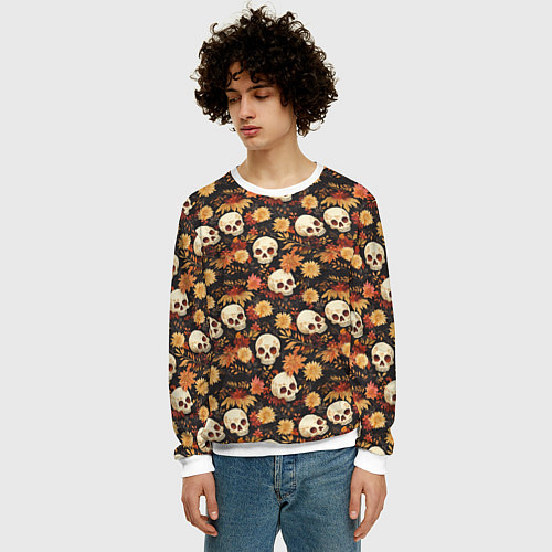 Мужской свитшот Черепа и цветы - паттерн / 3D-Белый – фото 3