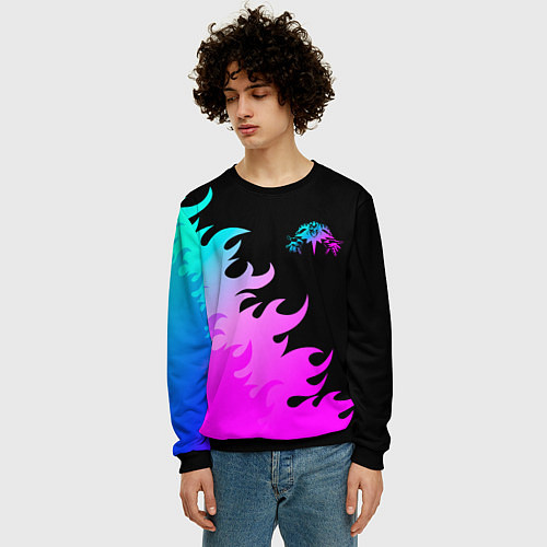 Мужской свитшот Король и Шут неоновый огонь / 3D-Черный – фото 3