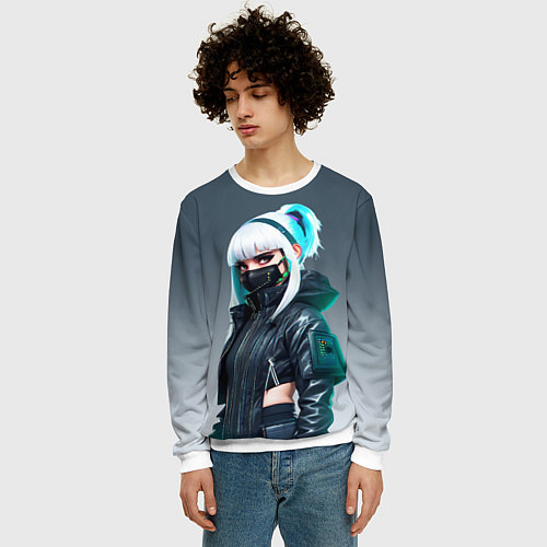 Мужской свитшот Красивая блондинка в маске - киберпанк / 3D-Белый – фото 3