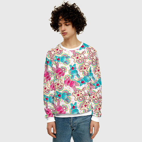 Мужской свитшот Зайчики цветной паттерн / 3D-Белый – фото 3