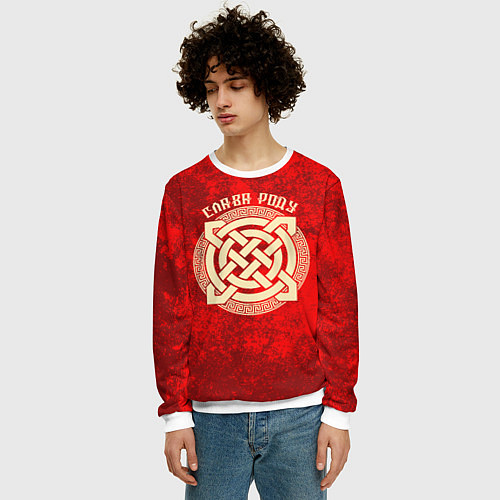 Мужской свитшот Слава роду - оберег символика / 3D-Белый – фото 3