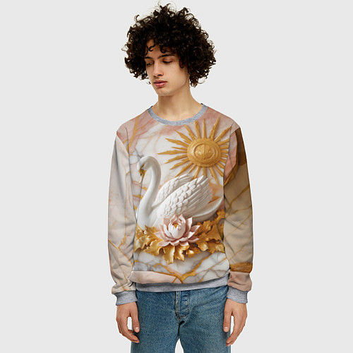 Мужской свитшот Фарфоровый лебедь и солнце на розовом мраморе / 3D-Меланж – фото 3