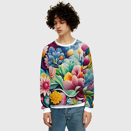 Мужской свитшот Объемные цветы лето / 3D-Белый – фото 3