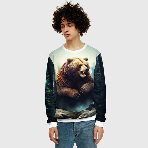 Мужской свитшот Агрессивный бурый медведь / 3D-Белый – фото 3