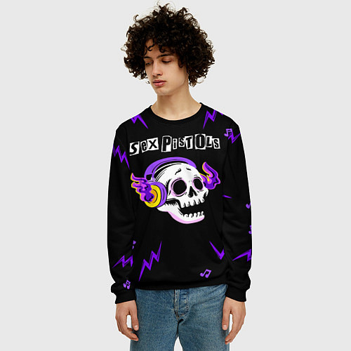 Мужской свитшот Sex Pistols неоновый череп / 3D-Черный – фото 3