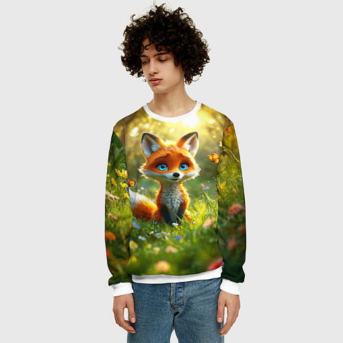 Мужской свитшот Рыжая лисичка и бабочки / 3D-Белый – фото 3