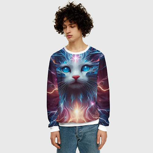 Мужской свитшот Fantastic blue-eyed neon kitten / 3D-Белый – фото 3