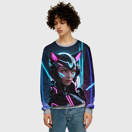 Мужской свитшот Неон кибер девушка / 3D-Меланж – фото 3