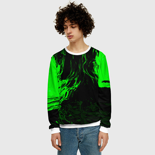 Мужской свитшот Зелёная энергия на чёрном фоне / 3D-Белый – фото 3