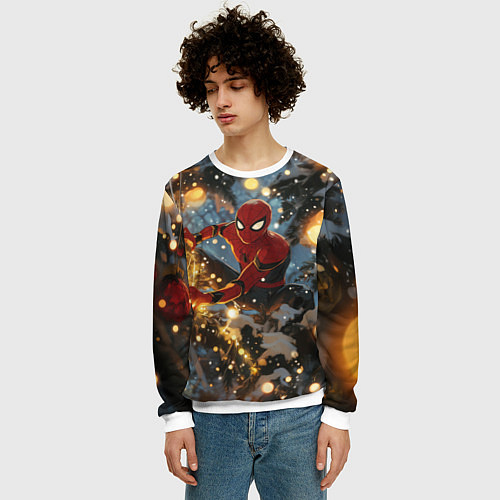 Мужской свитшот Spiderman на новогодней елке / 3D-Белый – фото 3