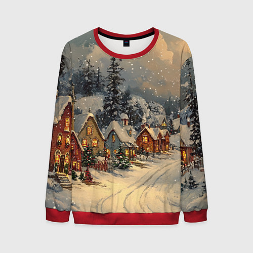 Мужской свитшот Новогодние зимние домики / 3D-Красный – фото 1