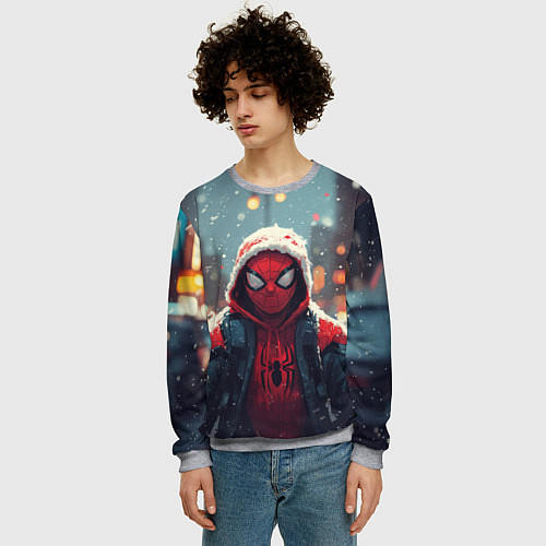 Мужской свитшот Человек-паук под снегопадом - новогодний город / 3D-Меланж – фото 3