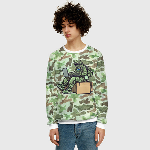 Мужской свитшот Русский солдат за ноутбуком / 3D-Белый – фото 3