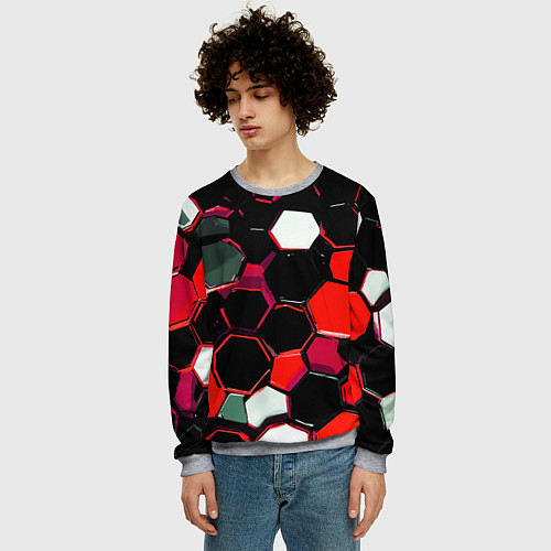Мужской свитшот Красно-белые шестиугольники на чёрном фоне / 3D-Меланж – фото 3