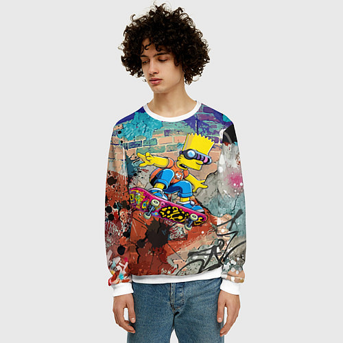 Мужской свитшот Bart Simpson on a skateboard - graffiti / 3D-Белый – фото 3