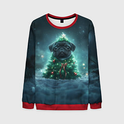 Свитшот мужской Черный мопс - елка, цвет: 3D-красный