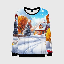 Мужской свитшот Новогодний пейзаж и домики
