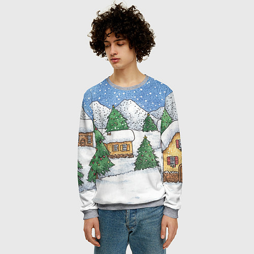 Мужской свитшот Домики и елки - новый год / 3D-Меланж – фото 3