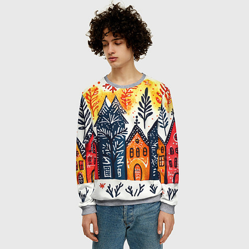 Мужской свитшот Разноцветные новогодние дома / 3D-Меланж – фото 3
