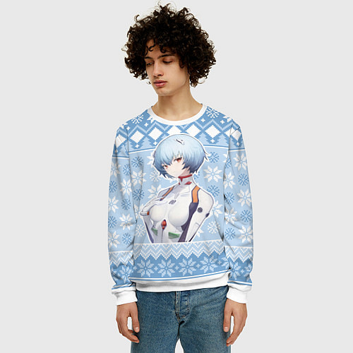 Мужской свитшот Rei christmas sweater Evangelion / 3D-Белый – фото 3