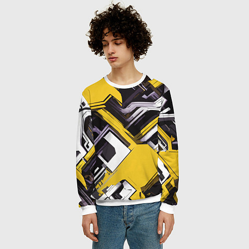 Мужской свитшот Бело-жёлтый техно паттерн на чёрном фоне / 3D-Белый – фото 3