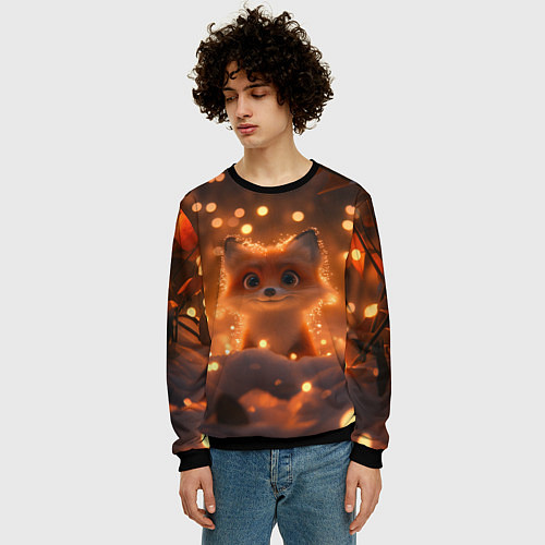 Мужской свитшот Лисичка в желтых огоньках / 3D-Черный – фото 3