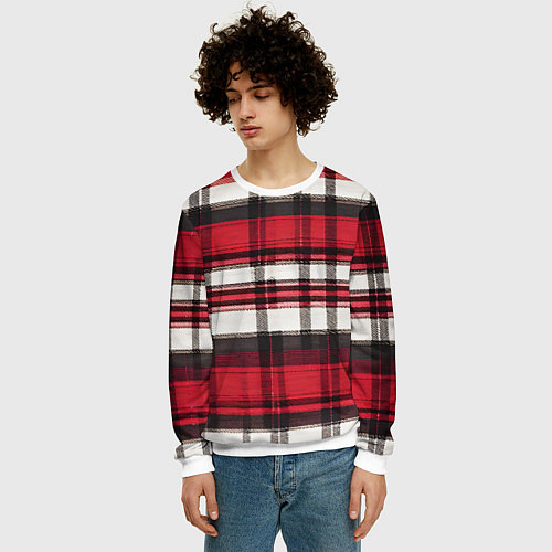 Мужской свитшот Красно-белая ткань в клетку / 3D-Белый – фото 3