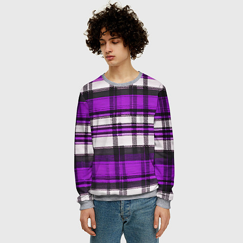 Мужской свитшот Фиолетово-белая ткань в клетку / 3D-Меланж – фото 3